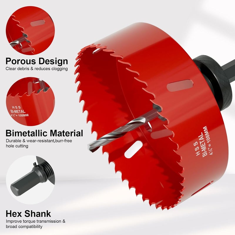 FIVELAKE 4-1/4" (108mm) Bi-Metal M42 High Speed Steel Hole Saw with Dust Bowl and Pilot Drill Bit, Smooth Cutting Edge for PVC, Drywall, Wood, Plastic, Gypsum Board, Rubber, Thin Metal - Image 3